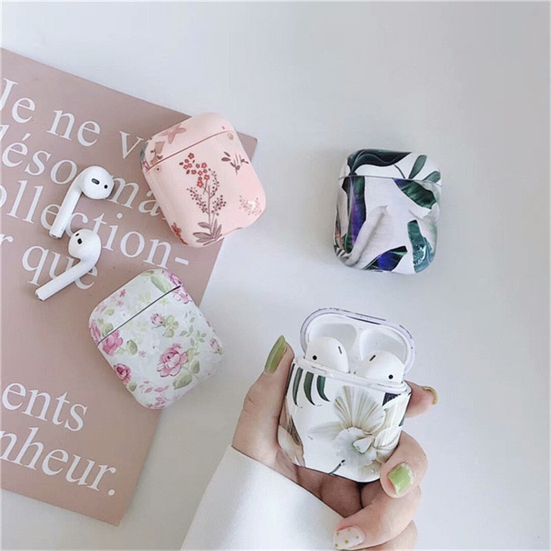 Art Flower Case For Apple Airpods Marble Bluetooth Earphone Hard Cover Leaf Headphone Case